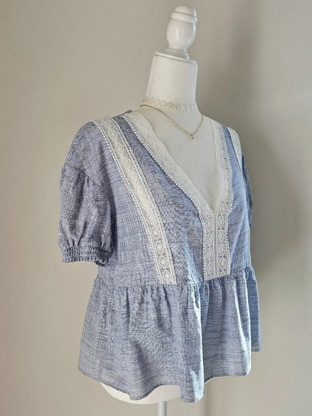 Zara Boho Lace Trim V-Neck Puff Sleeve Blouse Blue - Size L